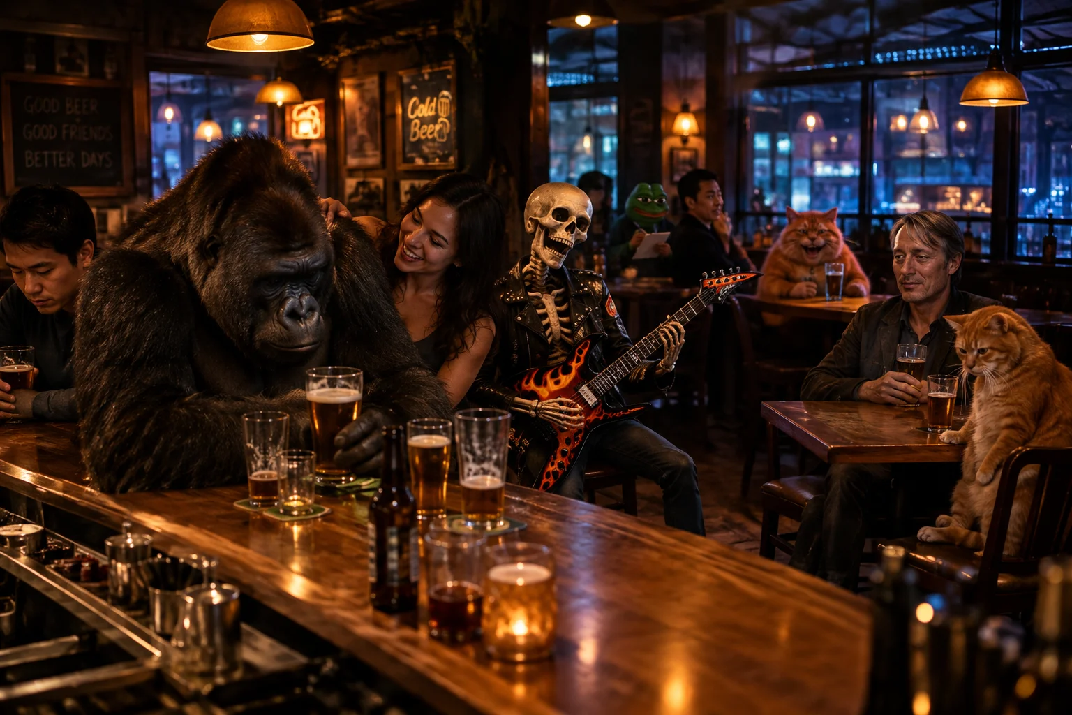A sorrowful beer-drinking silverback sits in a warm bar while friends try to cheer him up and a laughing red-haired cat watches from a nearby table.