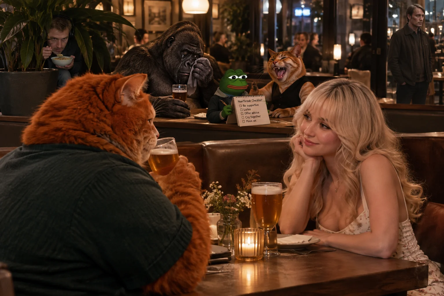 A red-haired cat and blonde woman share an awkward restaurant date while a crying silverback is comforted by a tiny frog, with a laughing cat and cereal-eating spy hiding behind a plant.
