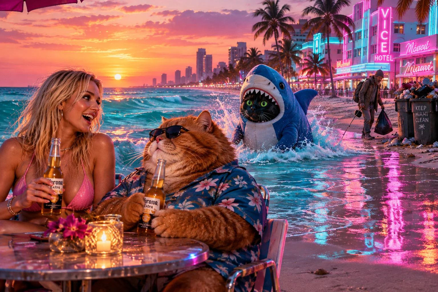 A blonde woman and beer-sipping red-haired cat enjoy a neon Vice City beach date as a black cat in a Blåhaj shark costume emerges from the water.