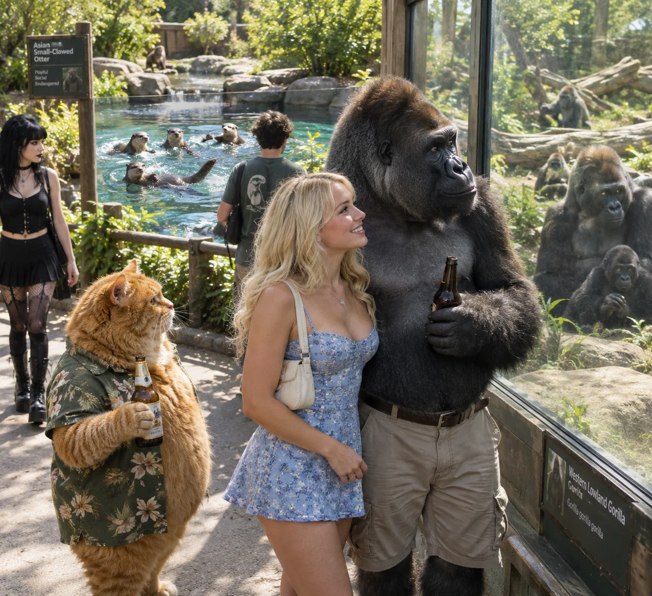 A blonde woman and beer-drinking silverback gorilla share a date beside a zoo gorilla enclosure while a cat and other visitors watch otters nearby.