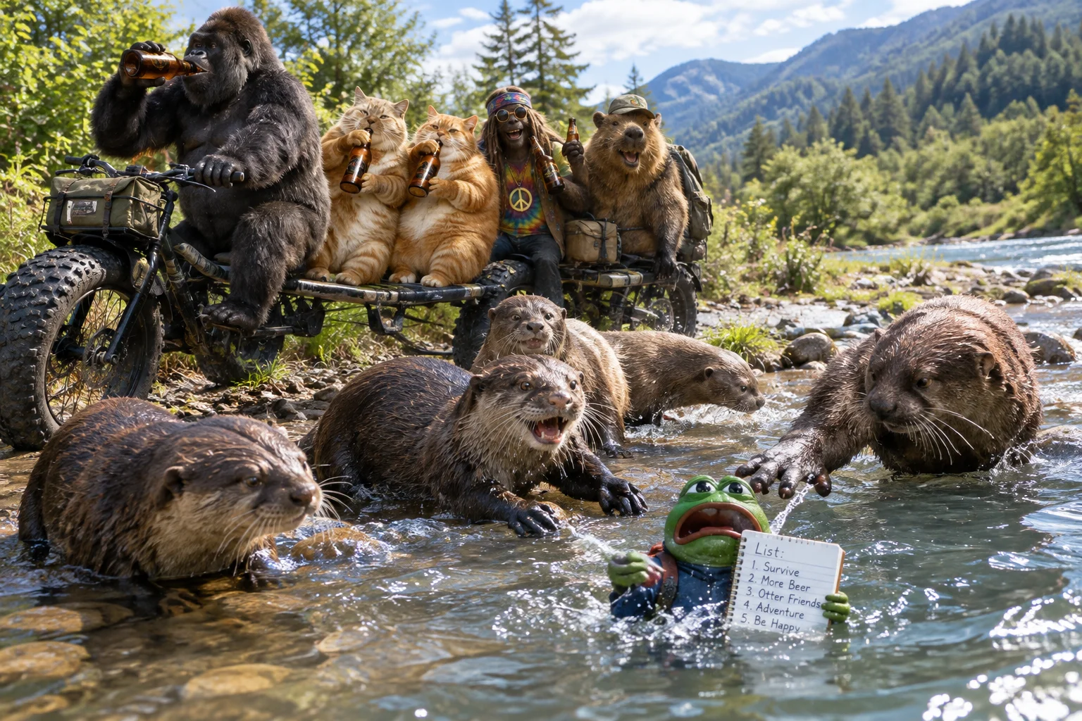 A beer-sipping red-haired cat and companions enjoy an otter adventure as a silverback gorilla rides a bicycle nearby and a tiny frog is rescued from shallow river water.