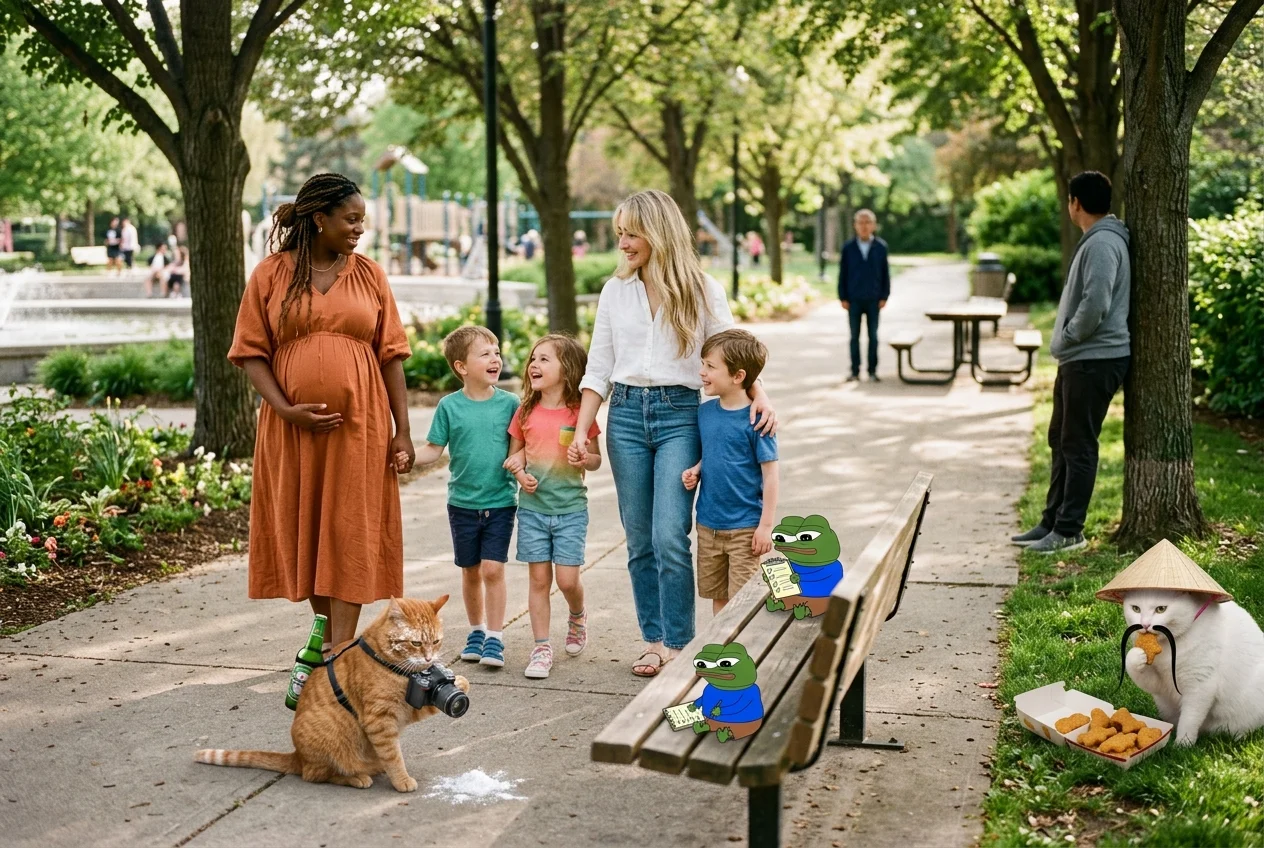 A pregnant adult walks with a blonde woman and children through a sunny park while quirky cats and a tiny note-taking frog observe nearby.