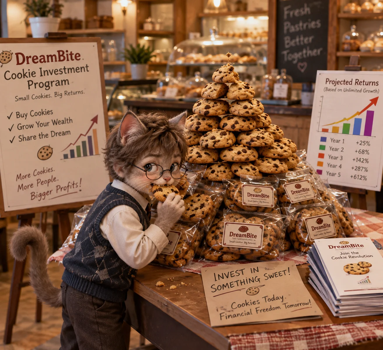 A tiny nerdy cat-boy eats a cookie from a collapsing pyramid of packaged cookies in a warmly lit bakery office, humorously portraying a cookie pyramid scheme.