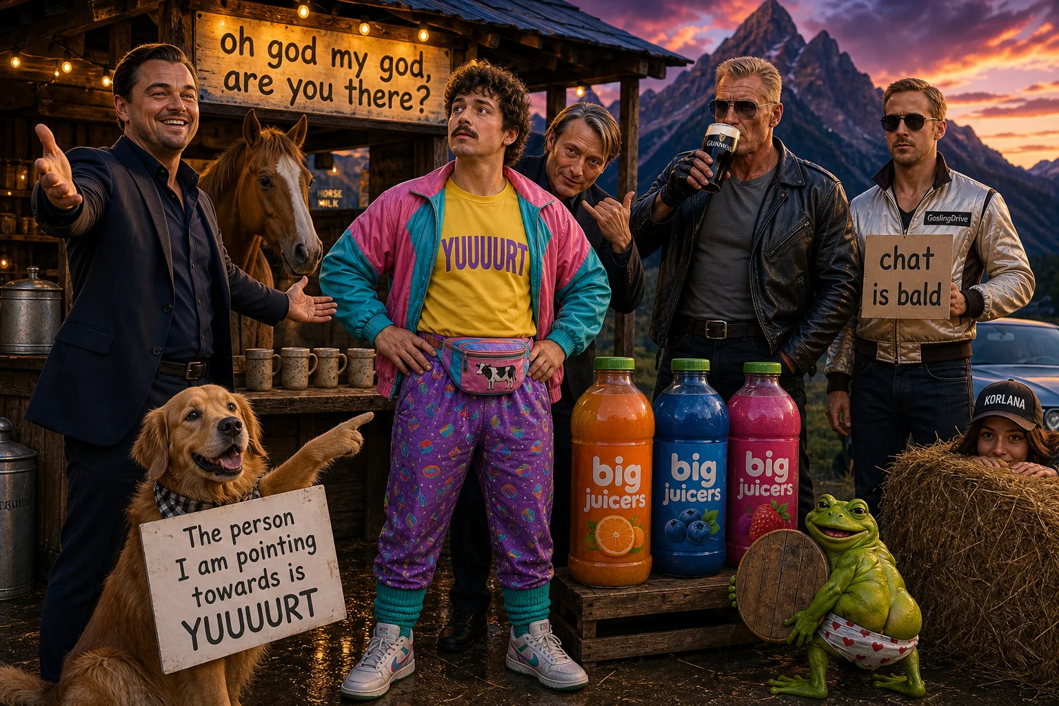 A surreal group gathers at a rustic mountain dairy stand at twilight, with a confused central figure, a pointing dog, welcoming hosts, playful signs, colorful bottles, and a mischievous frog in a cinematic wide scene.