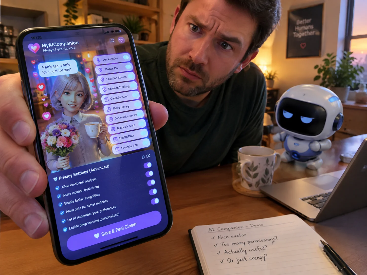 A confused adult tests a humorous AI companionship app with a fully clothed virtual android in a warmly lit home office.