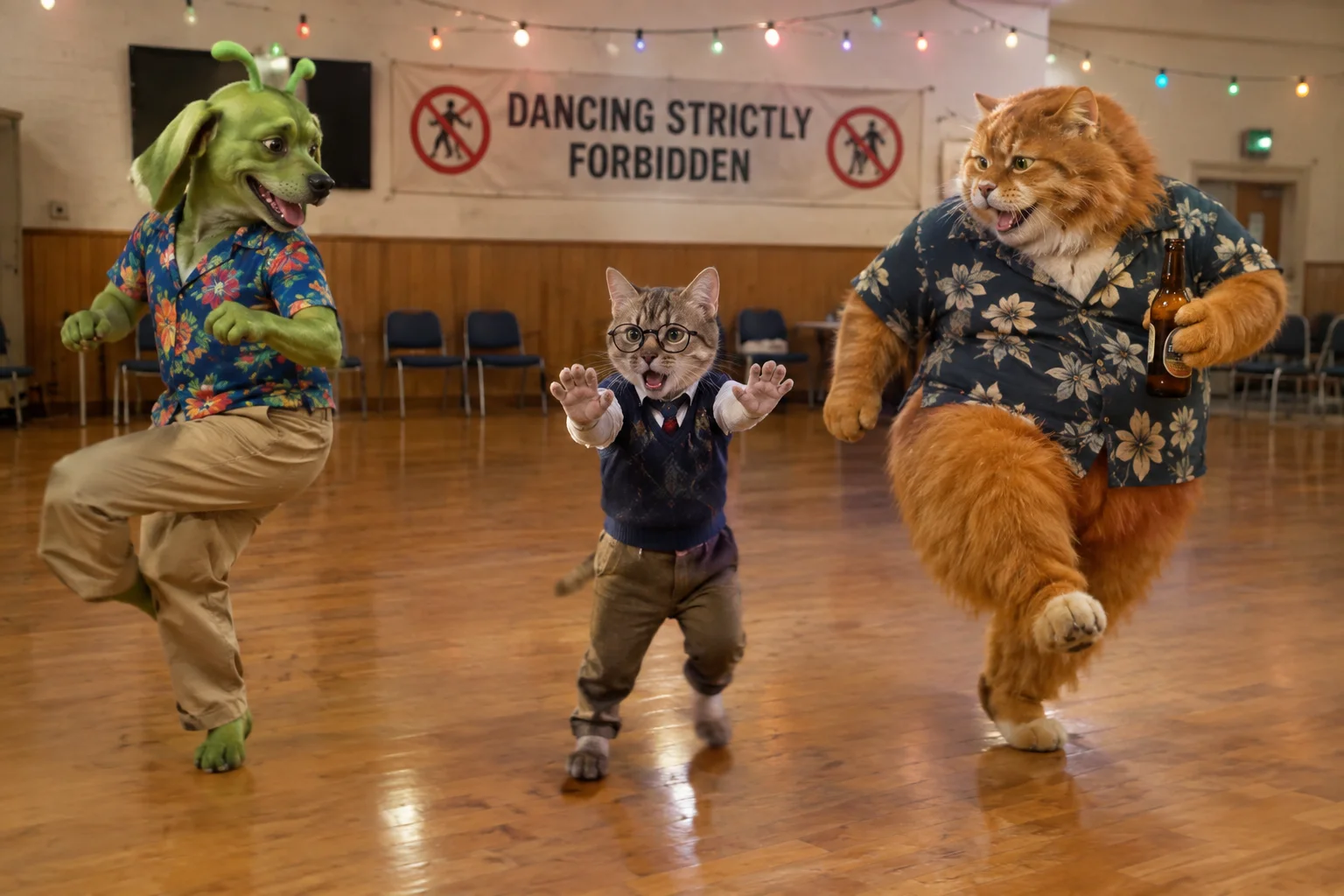 A tiny bespectacled cat-boy disrupts a dance by a green alien dog and beer-holding red-haired cat in a community dance hall.