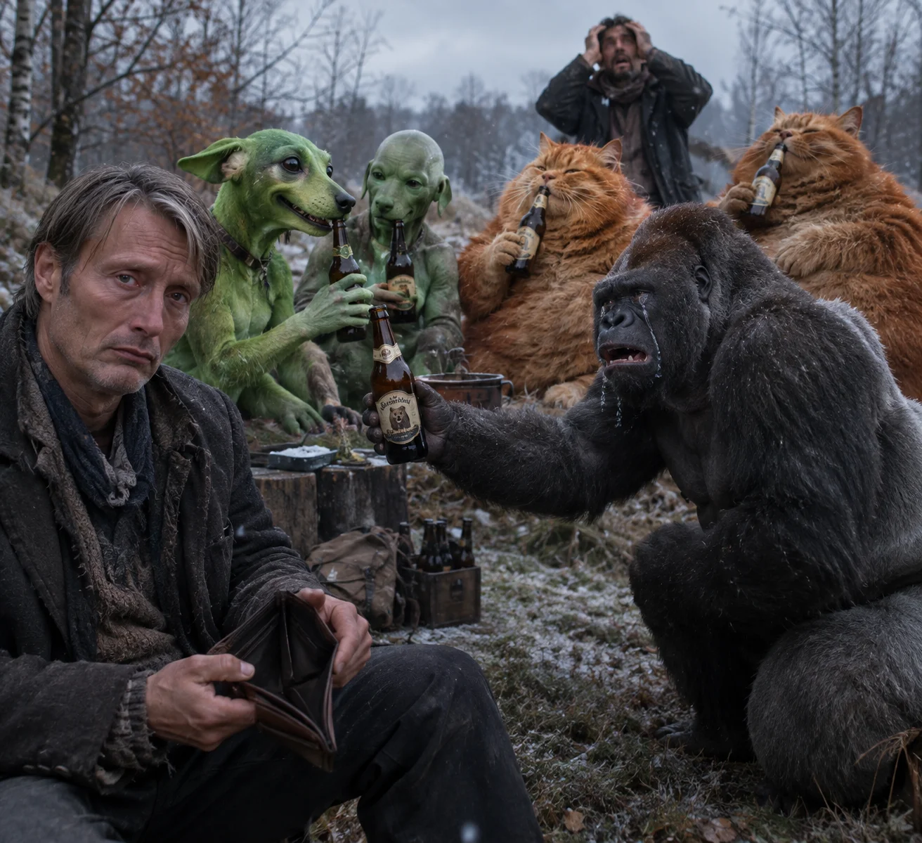 A bald green alien dog and a red-haired cat enjoy beers in a wintry clearing while a crying silverback offers a beer, and a poor man displays his empty wallet.