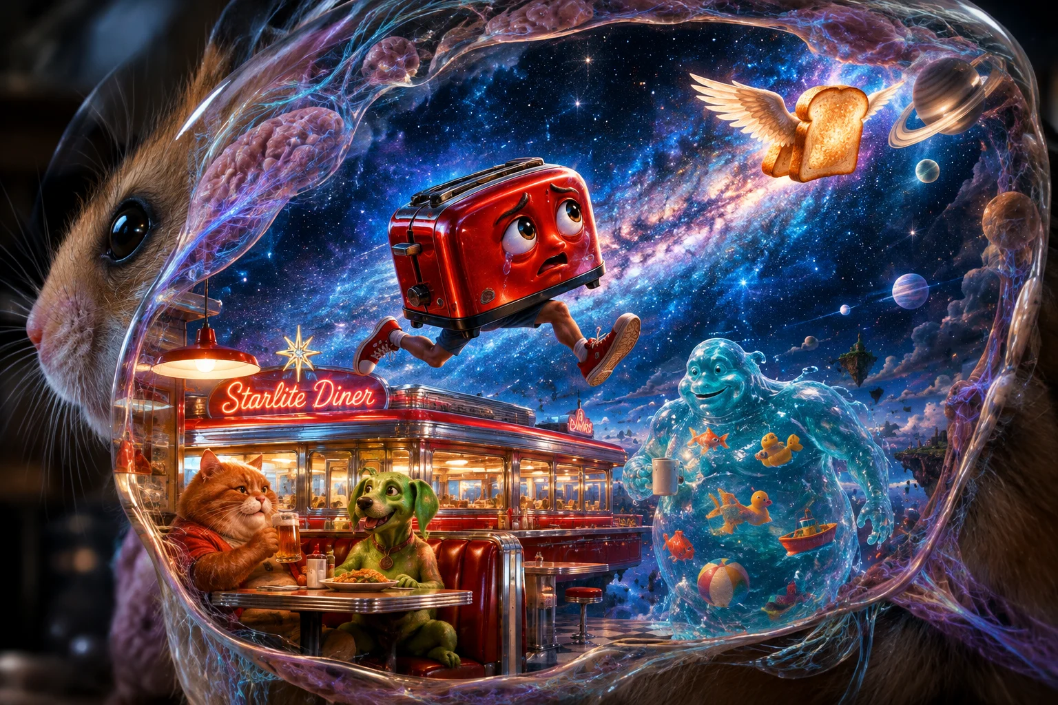A winged sourdough slice escapes into space as a legged toaster chases it through a hamster’s dream, above a floating diner where a cat and green alien dog dine.