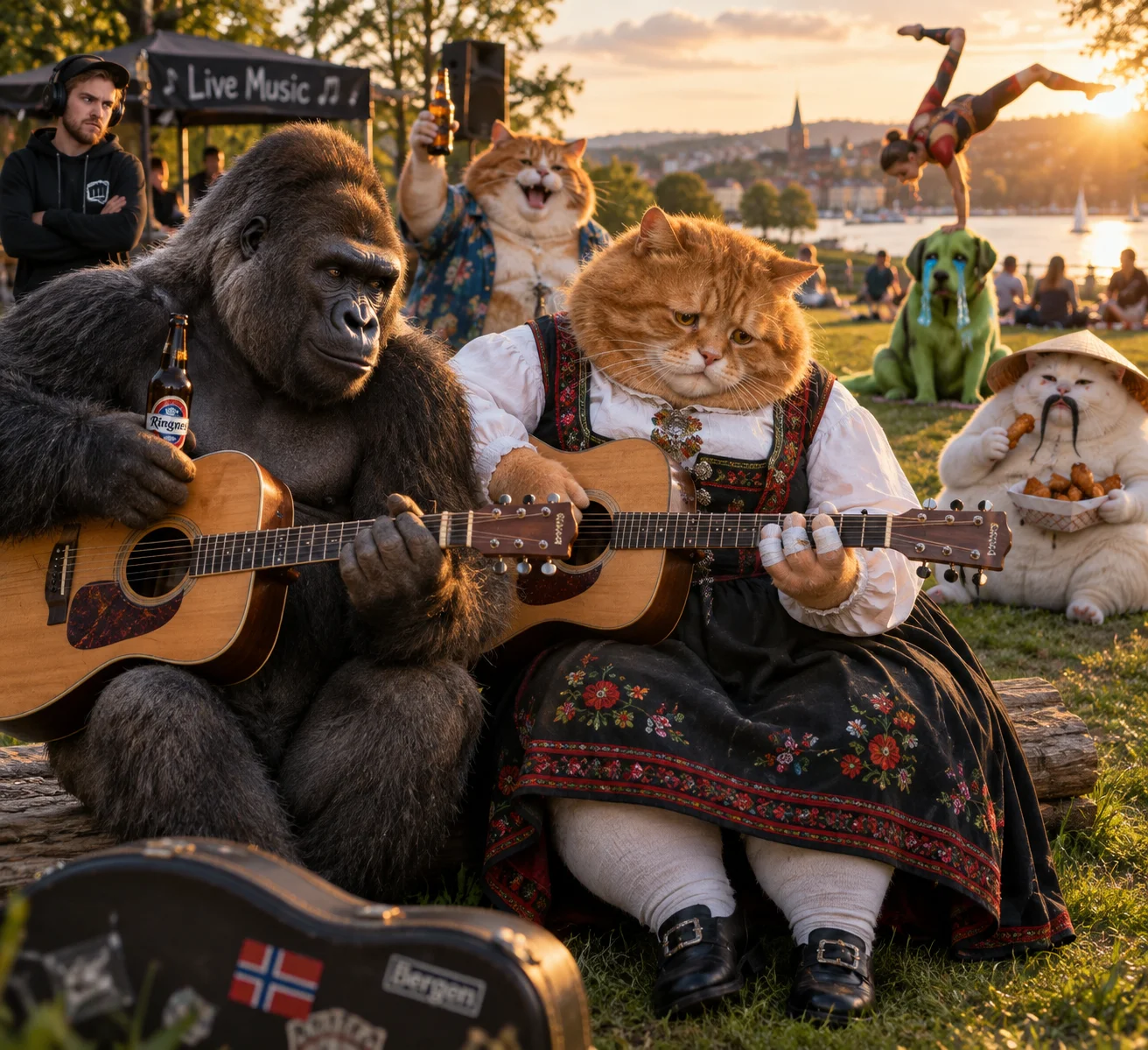 A silverback gorilla and a bunad-wearing orange cat play guitars in a sunny park while a cheering cat, jealous spectator, crying alien dog, acrobat, and wing-eating cat watch nearby.