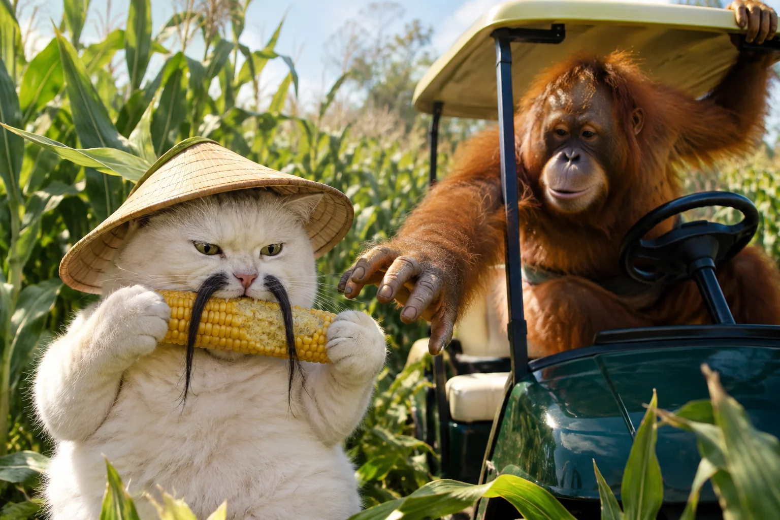 A moustached cat eats corn lengthwise in a sunny cornfield while an orangutan in a golf cart tries to grab it.