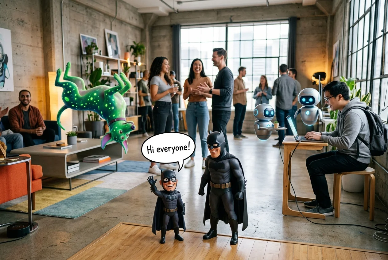 A happy miniature villain greets everyone while a green alien dog backflips and a solitary chatter interacts only with friendly robots in a bright studio.
