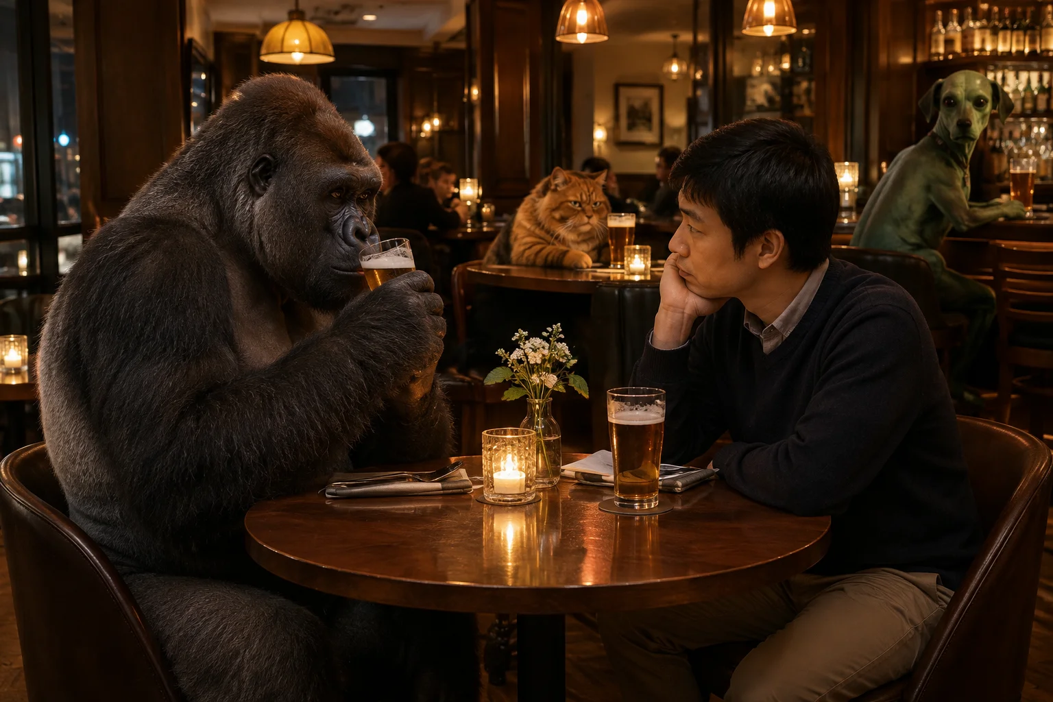 A beer-drinking silverback gorilla and a Chinese man share a pensive dinner date while an envious red-haired cat and bald green alien dog watch from the restaurant background.