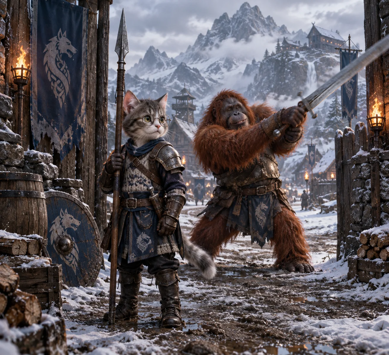 A tiny cat-boy guard watches a snowy Nordic settlement while a large orangutan companion swings a sword beside the torchlit gate.