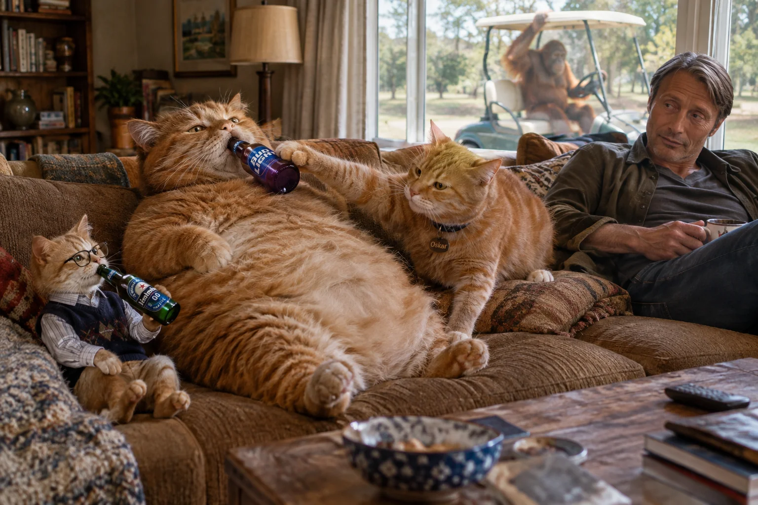 A red-haired cat lounges on a couch with a beer while an orange cat steals it, as a small cat-boy drinks non-alcoholic beer and an orangutan drives past the window.