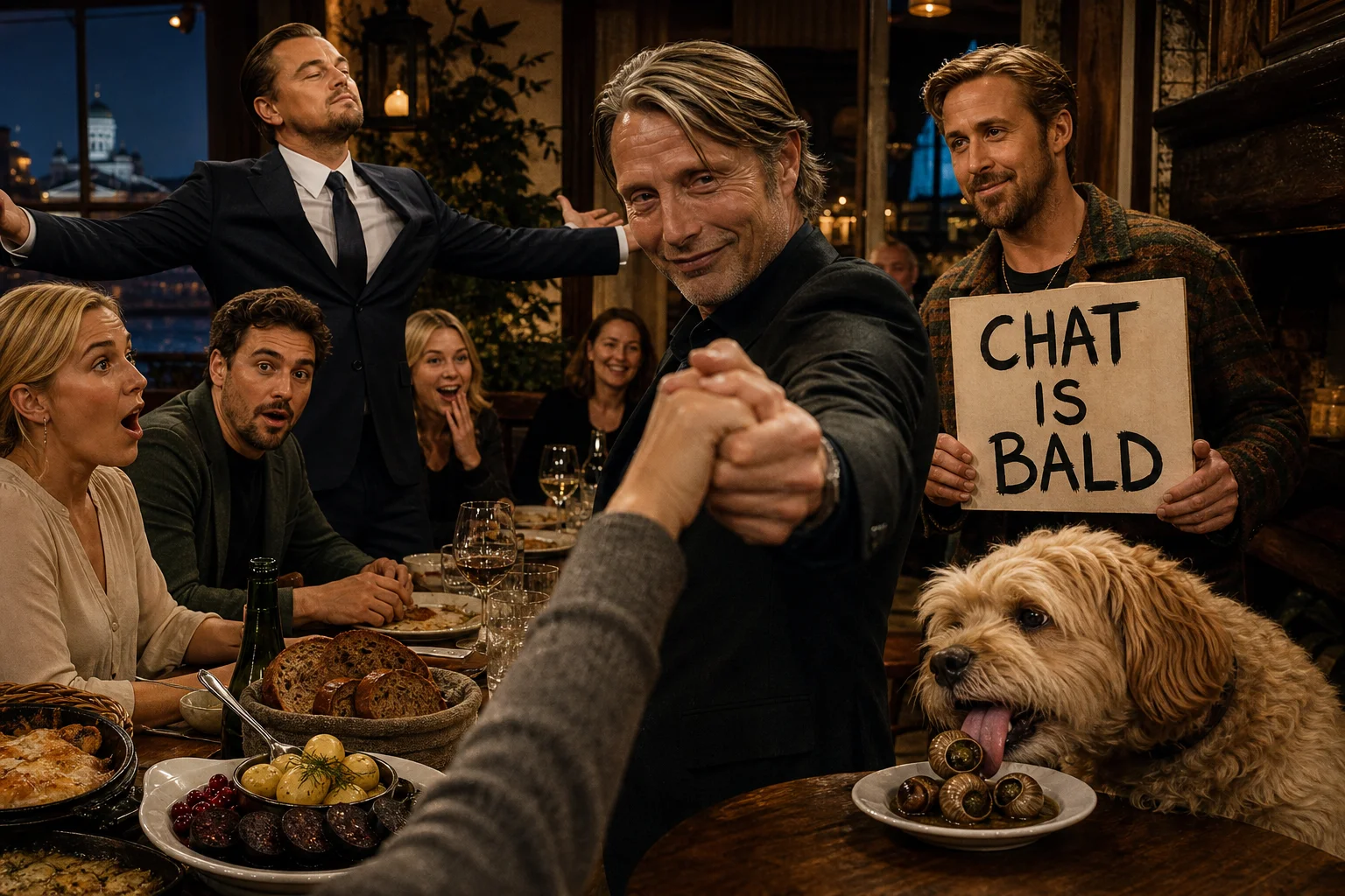In a cozy rustic Helsinki restaurant, a fluffy dog slurps escargot at a Finnish dinner party while guests dance and react with amusement around richly set tables.