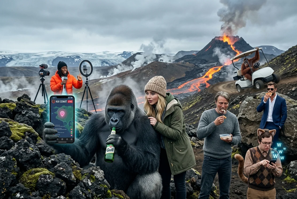 A beer-drinking silverback gorilla tracks Kai Cenat across an erupting Icelandic landscape while bizarre companions eat, text, and flee lava nearby.