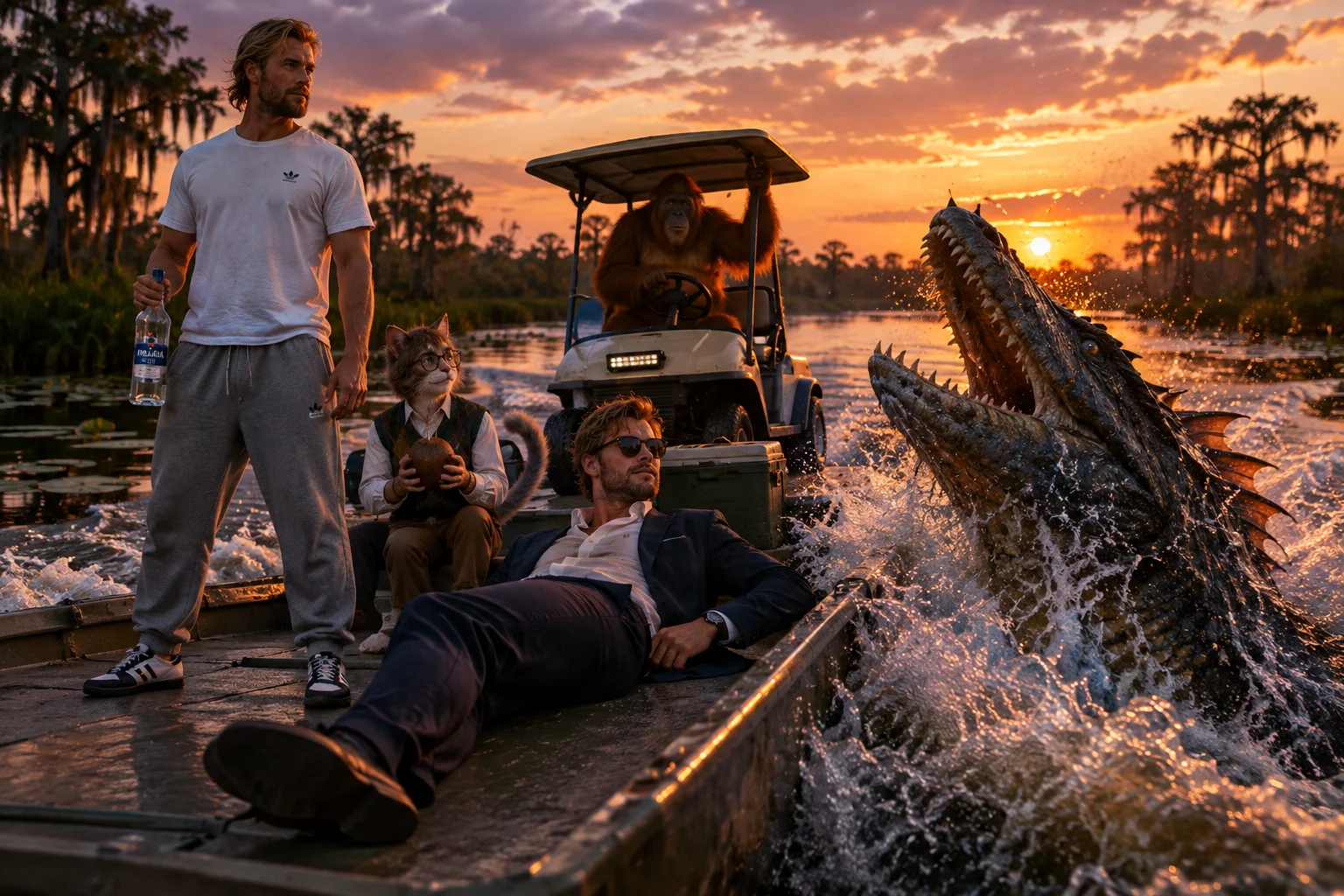 At sunset in the Florida Everglades, a man and companions aboard a boat face an attacking sea creature amid mangroves and glowing reflective water.