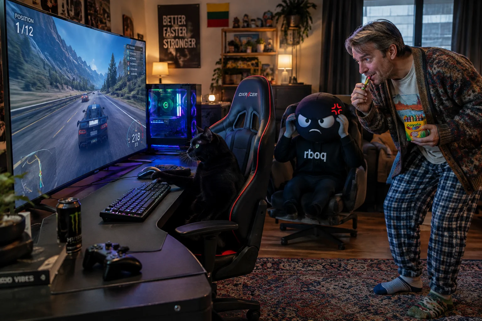 A green-eyed black cat games at a giant 65-inch TV from a racing seat while a teasing Lithuanian man eats crayons beside a frustrated gamer in a realistic gaming room.