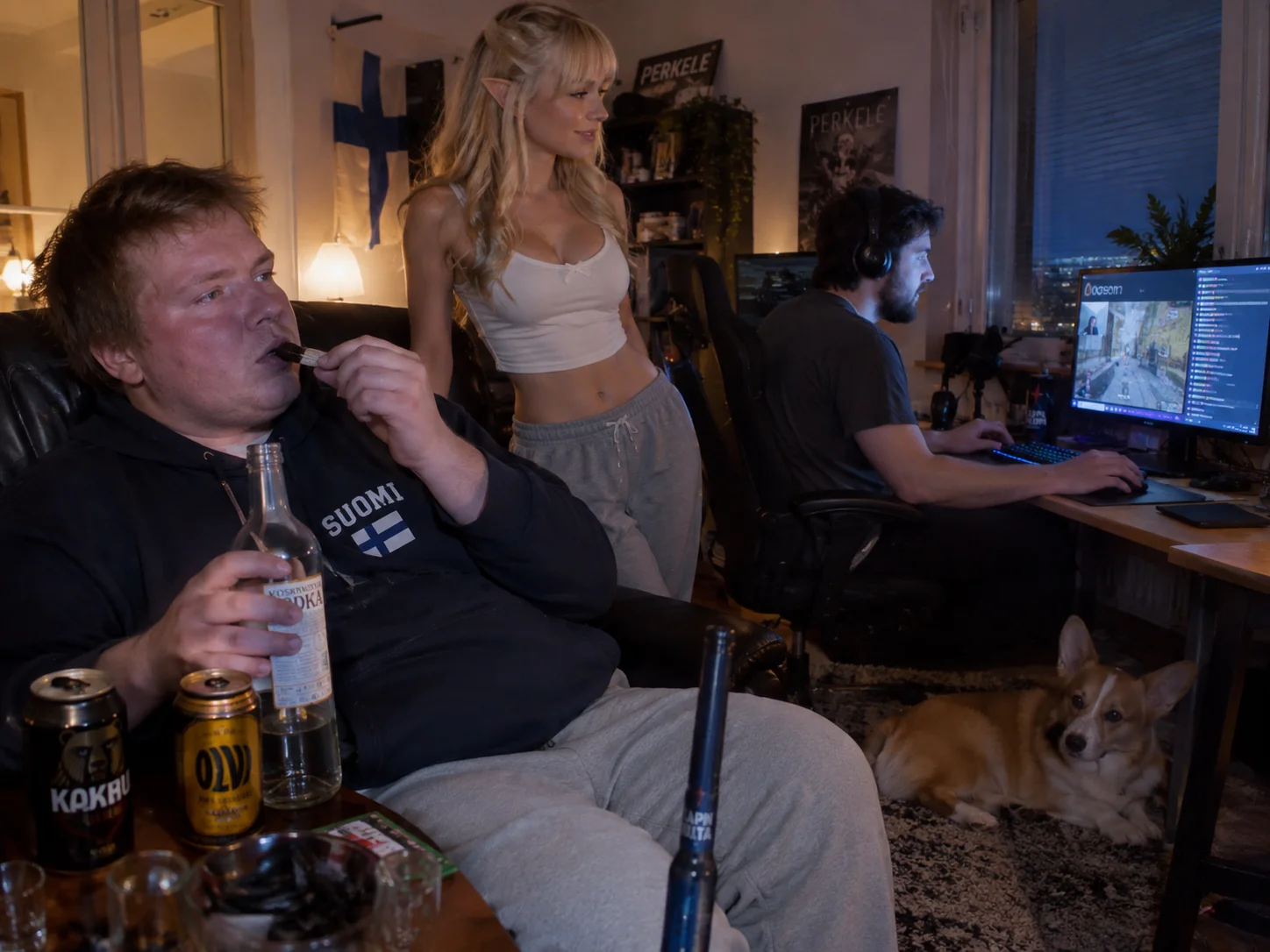 A Finnish man drinks and eats salmiakki while watching Forsen game at a PC, with a relaxed corgi on the floor and a blonde elf-eared woman nearby.