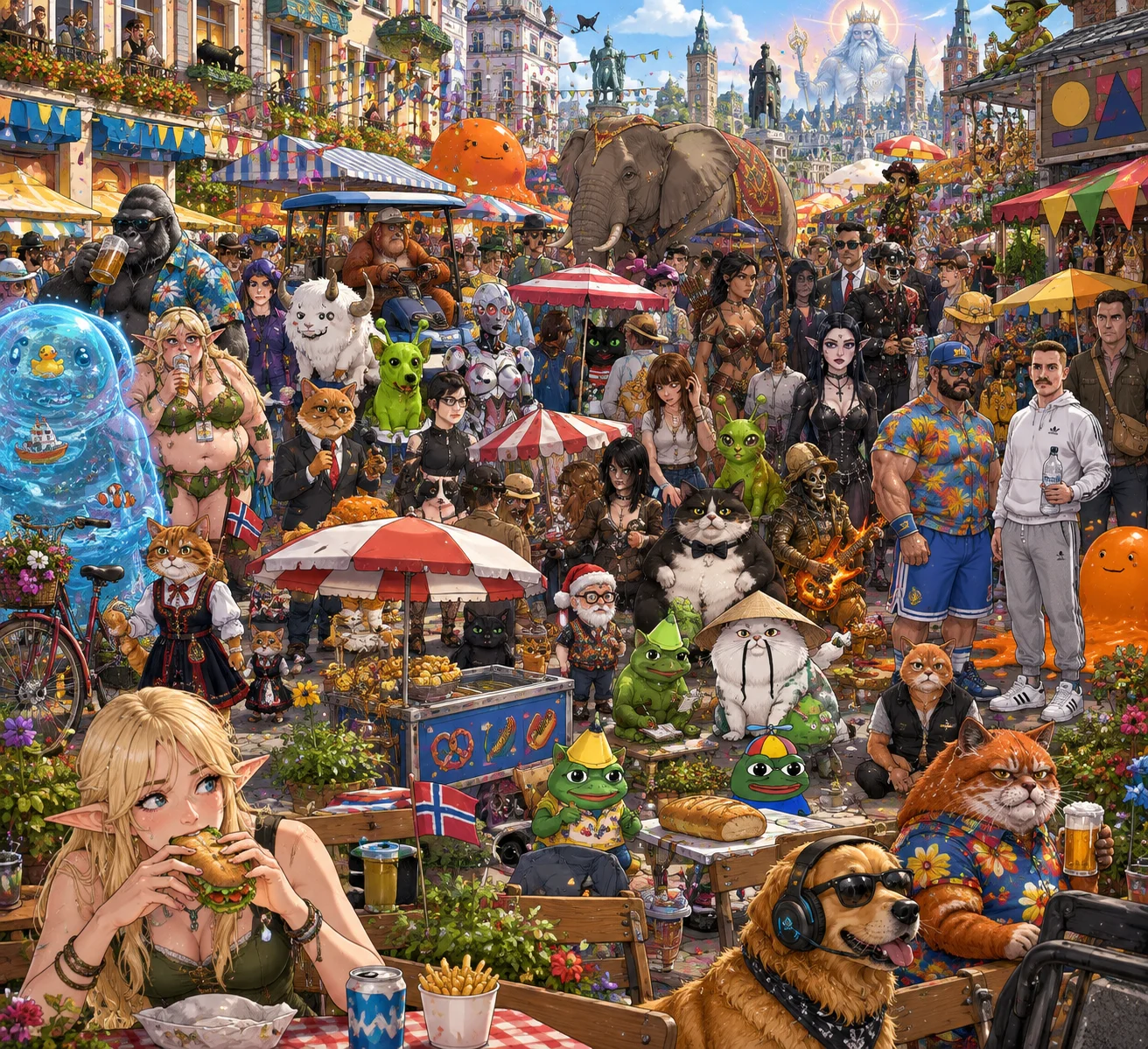 A dense city festival search-and-find scene hides a black cat in a red-and-white shirt among a fantastical crowd while a blonde elf-eared woman eats a sandwich in the foreground.