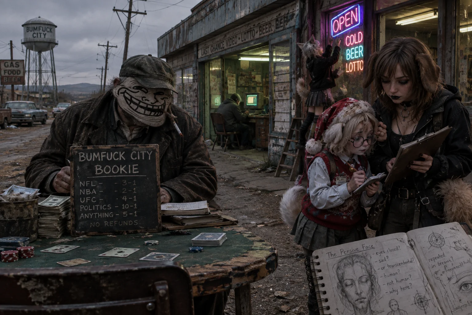 A depressed trollface bookie oversees a bizarre note-copying scene in the shabby, isolated streets of Bumfuck City, with a slumped PC user and working catgirl in the background.