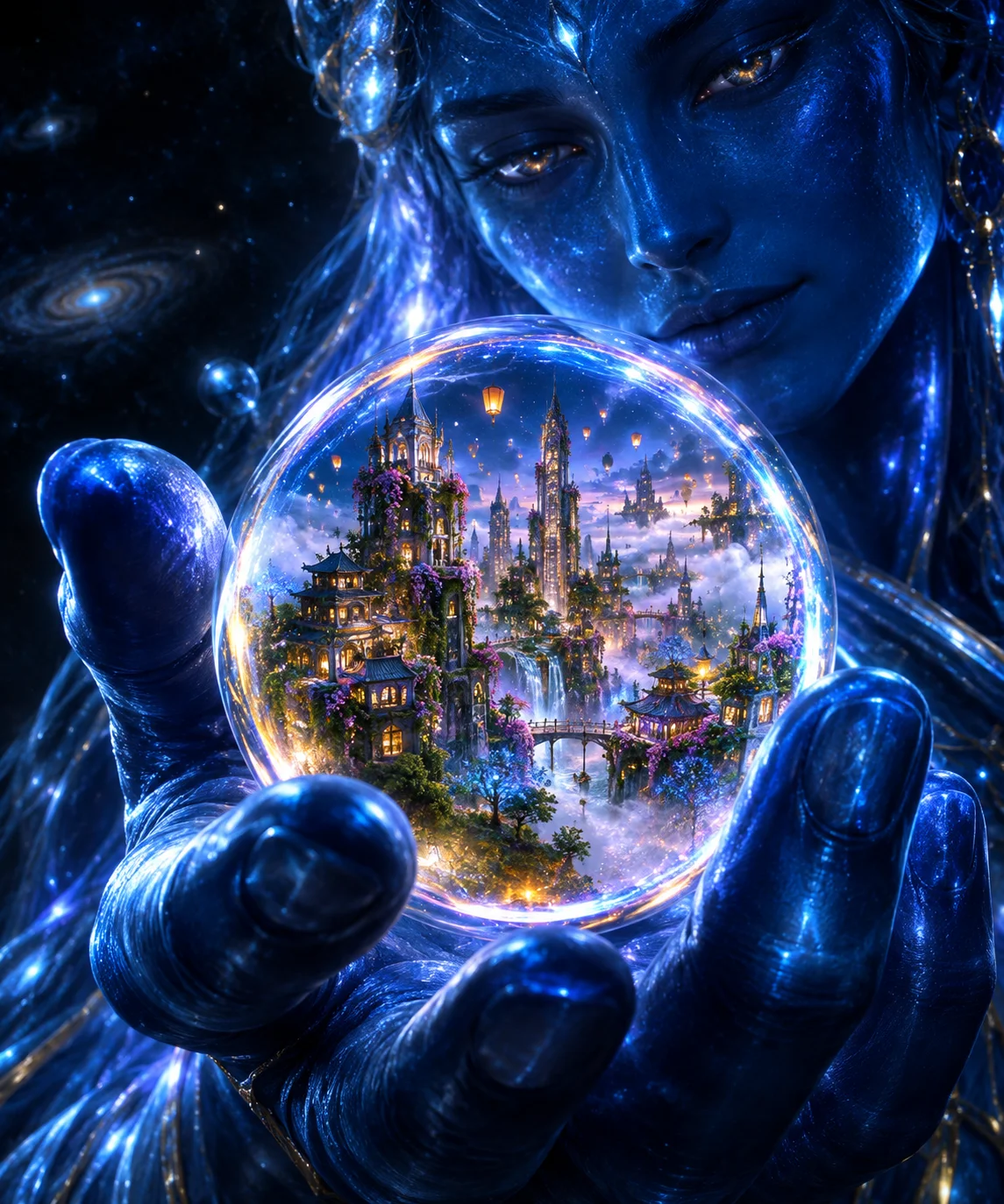 A colossal shiny blue galactic being holds a glowing pocket portal containing a miniature urban city transformed into a magical fairy land.