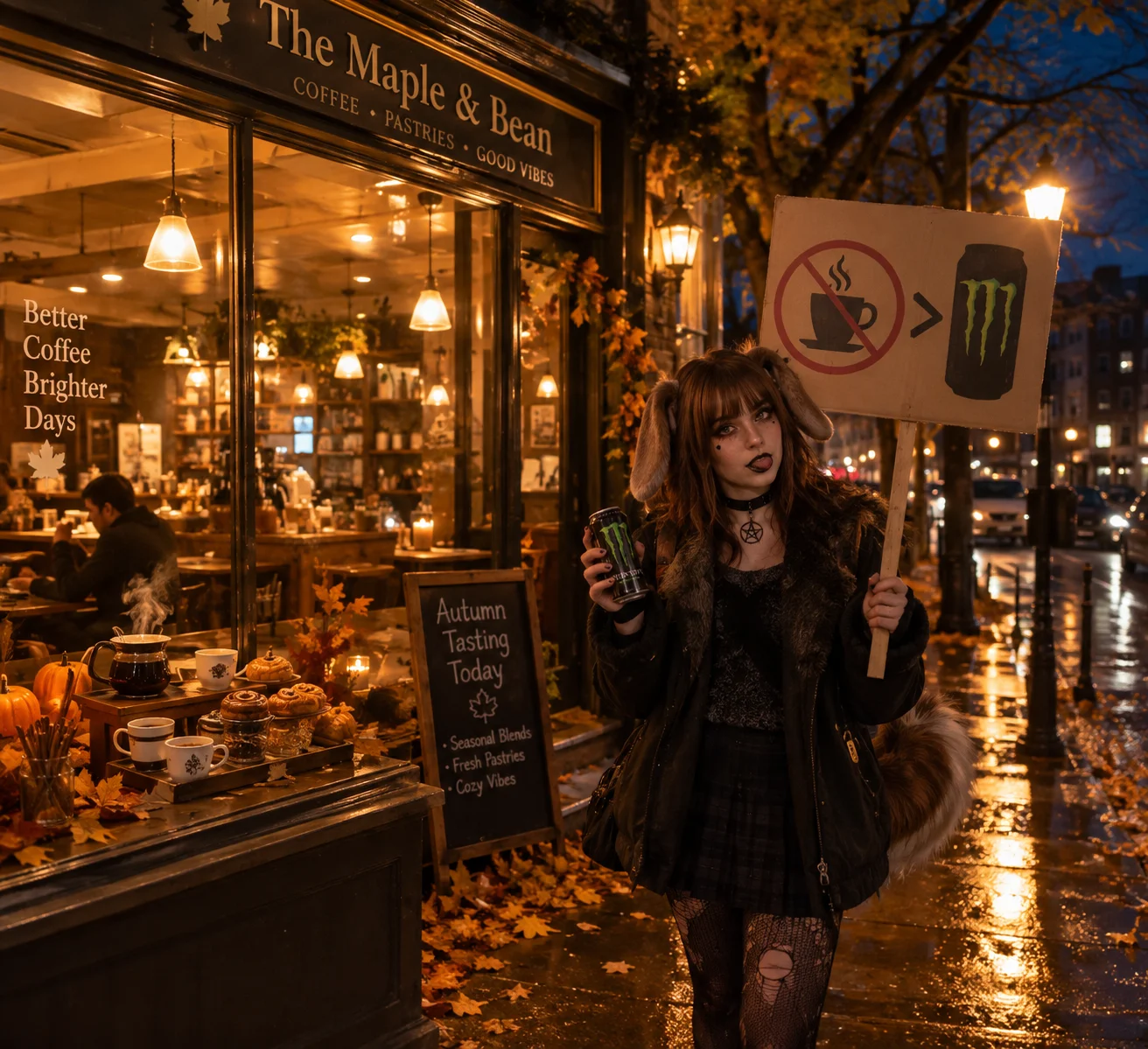 A goth puppygirl protests coffee with an energy drink outside a warmly lit autumn café hosting a late-night coffee tasting.