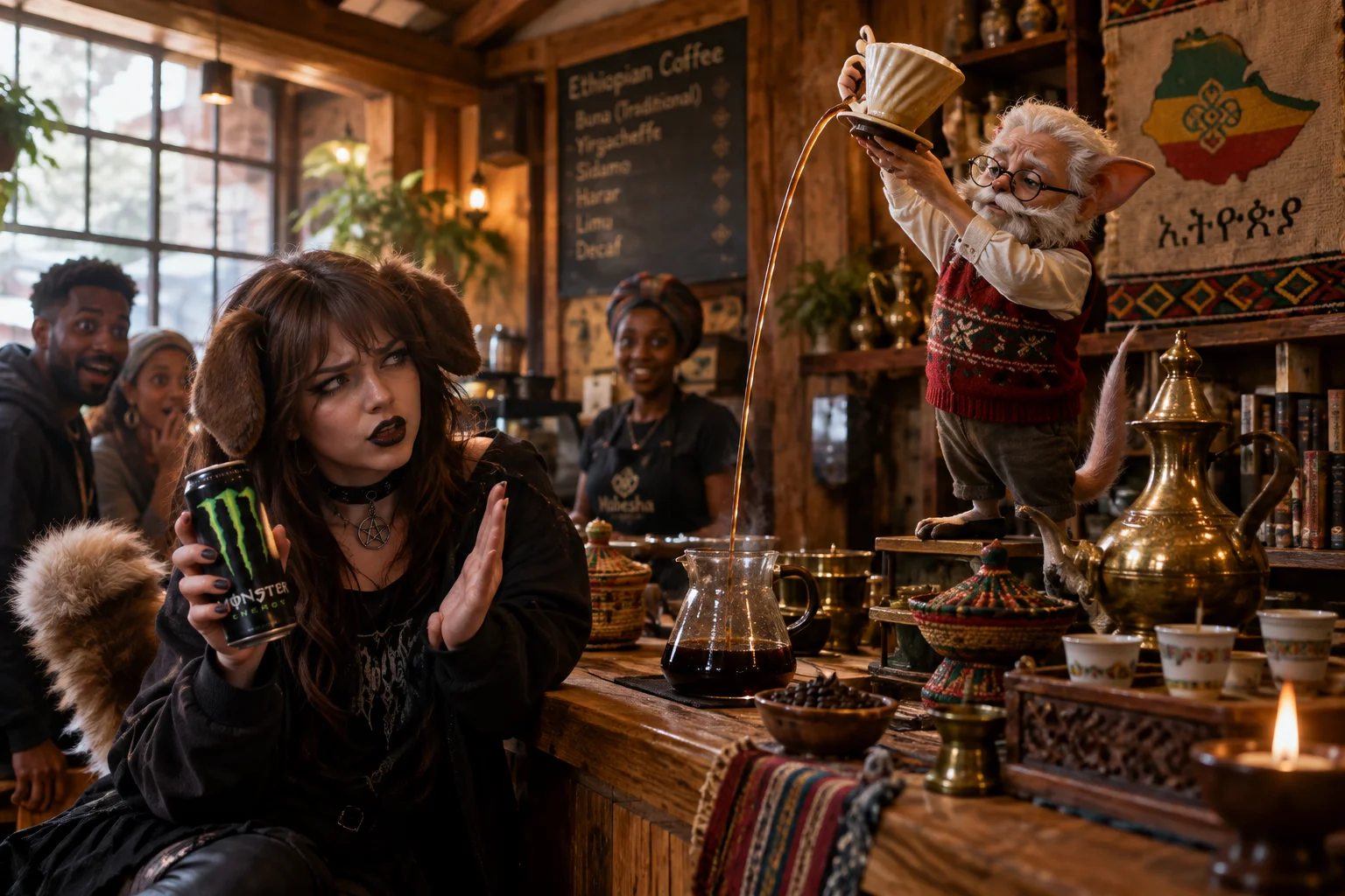 A tiny nerdy mall-Santa-like barista pours an impossibly long V60 brew in an Ethiopian café while a goth puppygirl protests coffee with an energy drink.