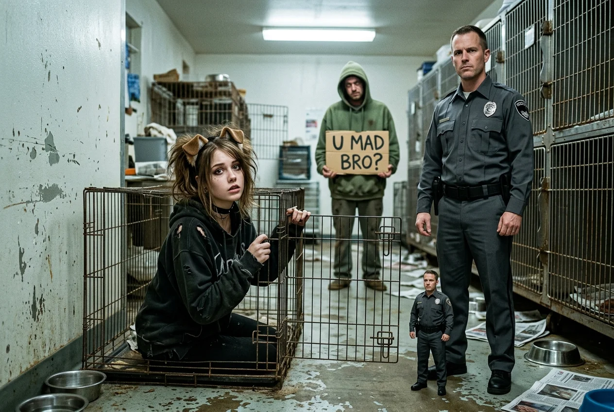 A goth puppy-girl begs for attention from a dirty shelter crate while a tiny-accompanied guard watches and a trollface holds a provocative sign.