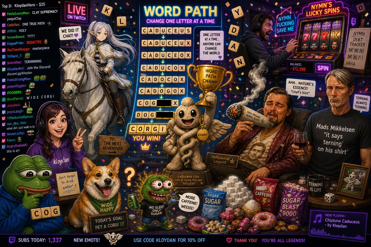 A colorful satirical livestream collage shows a clay mascot celebrating with a trophy atop a glowing word-game board, surrounded by streamers, meme characters, letter tiles, neon chat, confetti, and a slot machine.