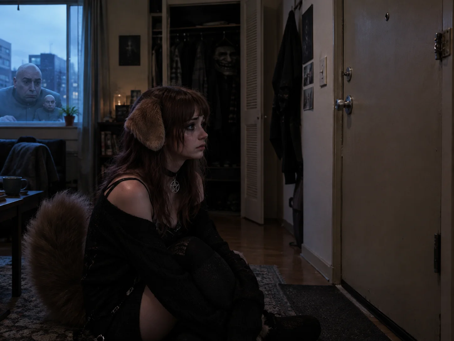 A sad goth puppy-girl waits inside her apartment, staring at a closed door while a creepy closet figure and a sorrowful window peeker watch nearby.