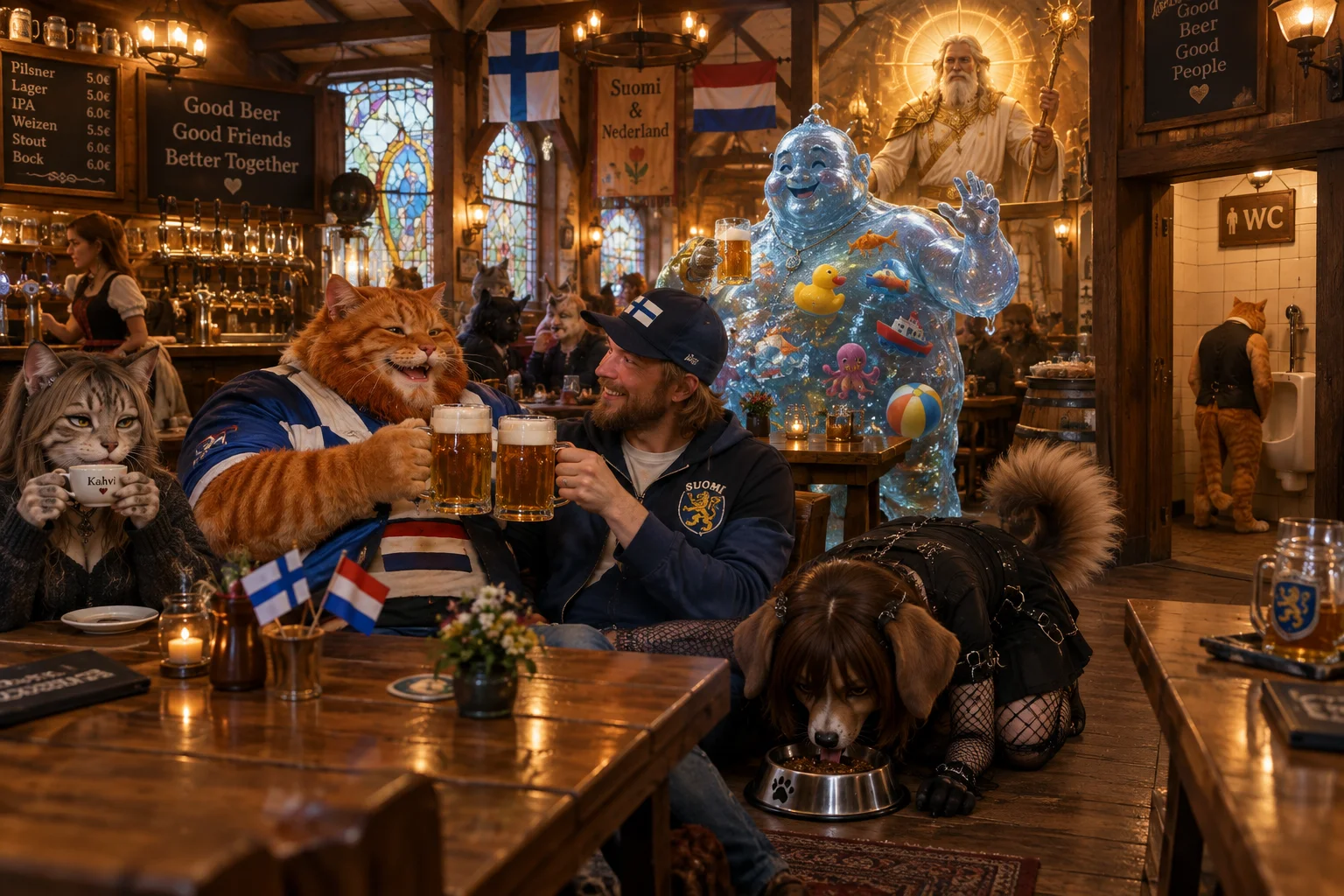 A red-haired cat and a Finnish man toast beers in a warm European beer hall surrounded by quirky patrons, including a goth puppy-girl, coffee-drinking catgirl, and watery creature.