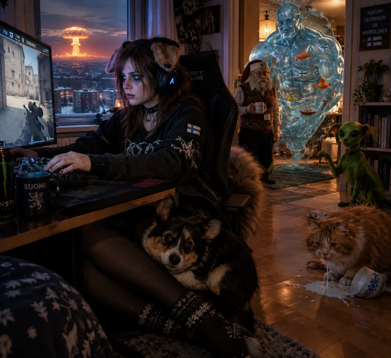 A Finnish esports player holds an AWP while a black-haired corgi sits on her legs, surrounded by whimsical creatures as an atomic cloud looms outside.
