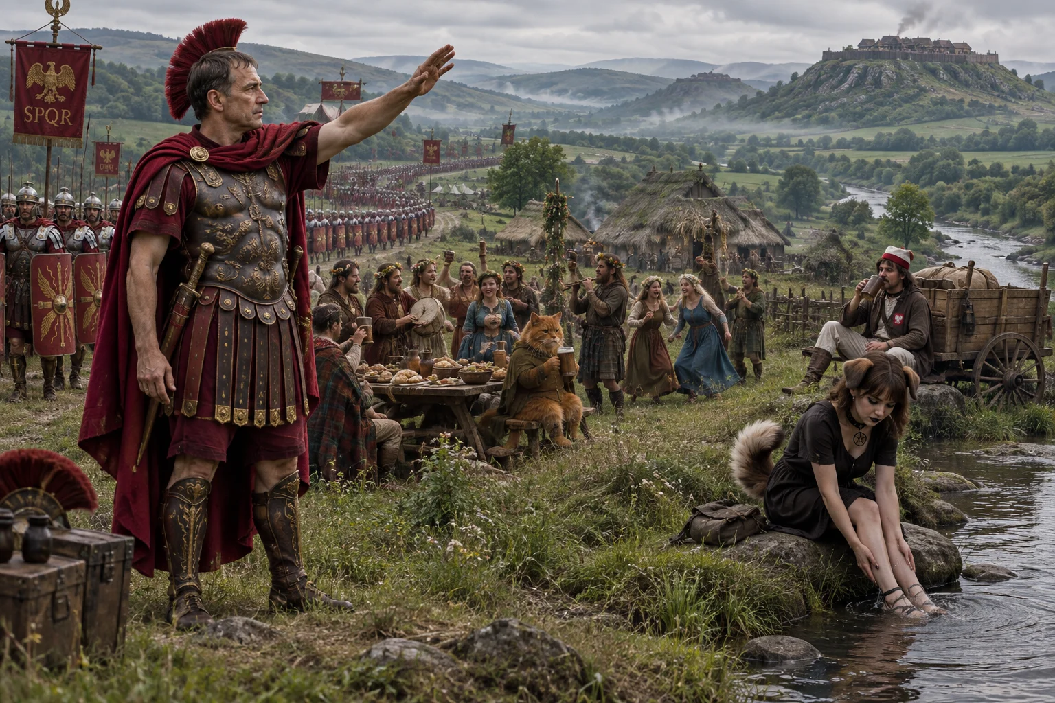 Julius Caesar prepares to invade Gaul while villagers celebrate, Roppie drinks beer, and Elina cleans her feet beside a nearby river.