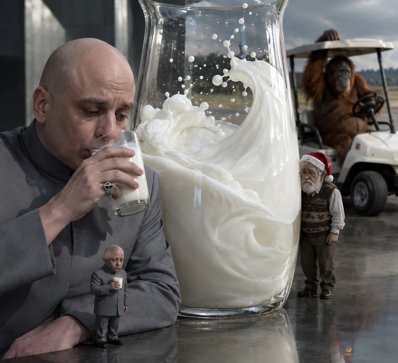A sad Dr. Evil-like figure drinks milk beside a miniature self while realistic white milk swirls in a glass vessel, with a tiny mall Santa and orangutan in a golf cart behind them.