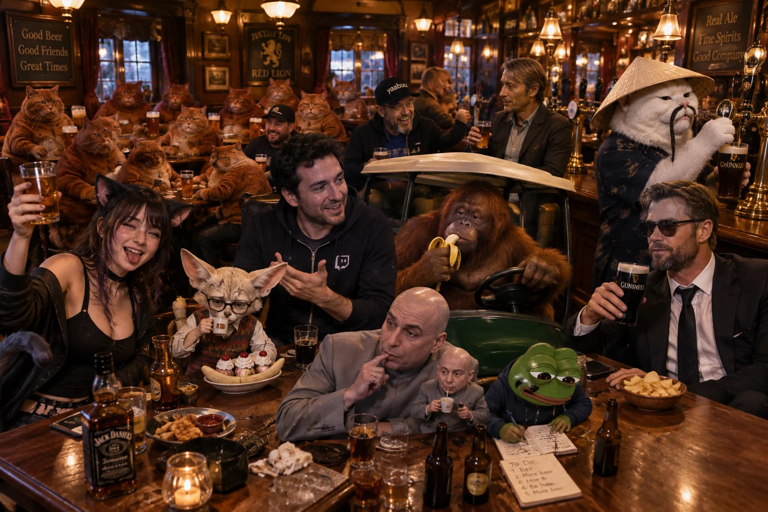 Nymn hosts an eccentric group of anthropomorphic patrons and human lookalikes drinking, eating, and socializing together in a warmly lit traditional pub.