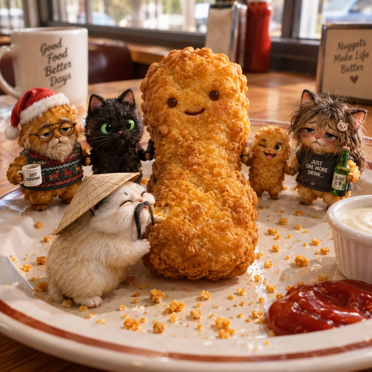 A giant golden chicken nugget is surrounded by tiny nugget characters holding hands while a moustached cat nugget takes a bite in a cozy diner.