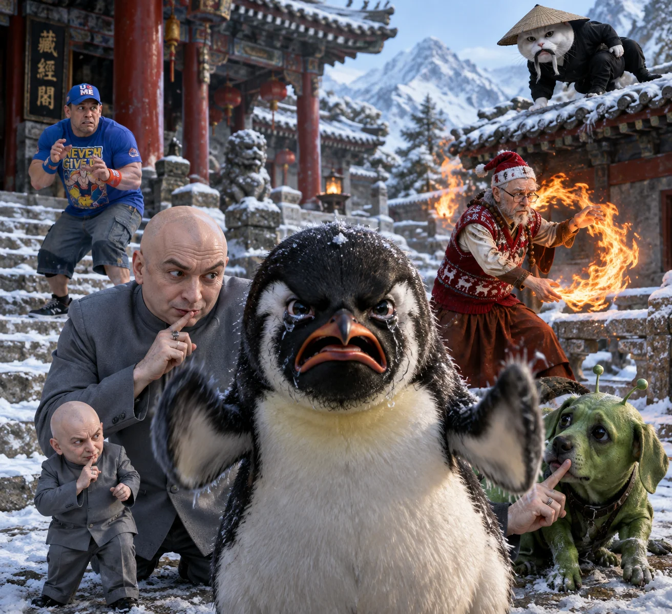 An upset penguin angrily confronts a group of eccentric allies outside a snowy mountain temple, including a firebending monk, ninja cat, frightened wrestler, and tiny evil accomplice.