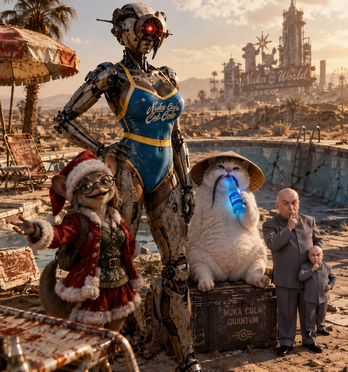 A swimsuit-clad Assaultron robot poses beside a ruined pool while a furry Santa girl and a moustached cat drinking glowing blue soda gather around it.
