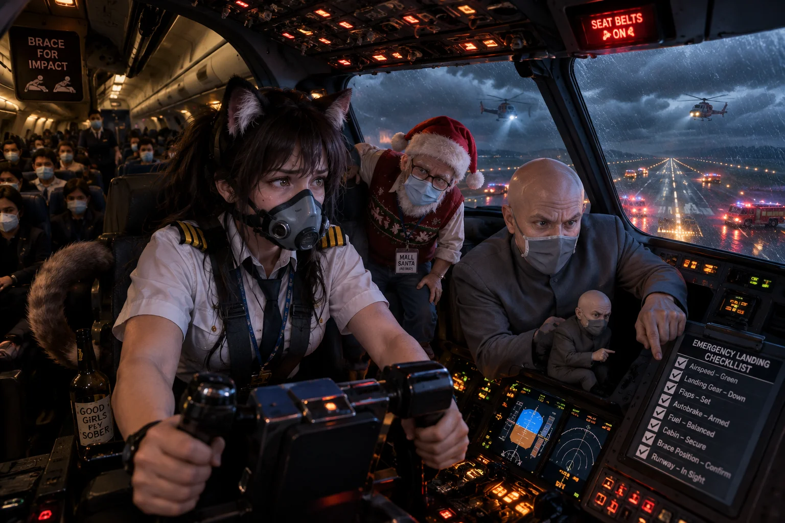 A masked catgirl pilot and tiny mall Santa guide a troubled airliner into a safe emergency landing through a storm, while masked passengers and rescue crews prepare below.