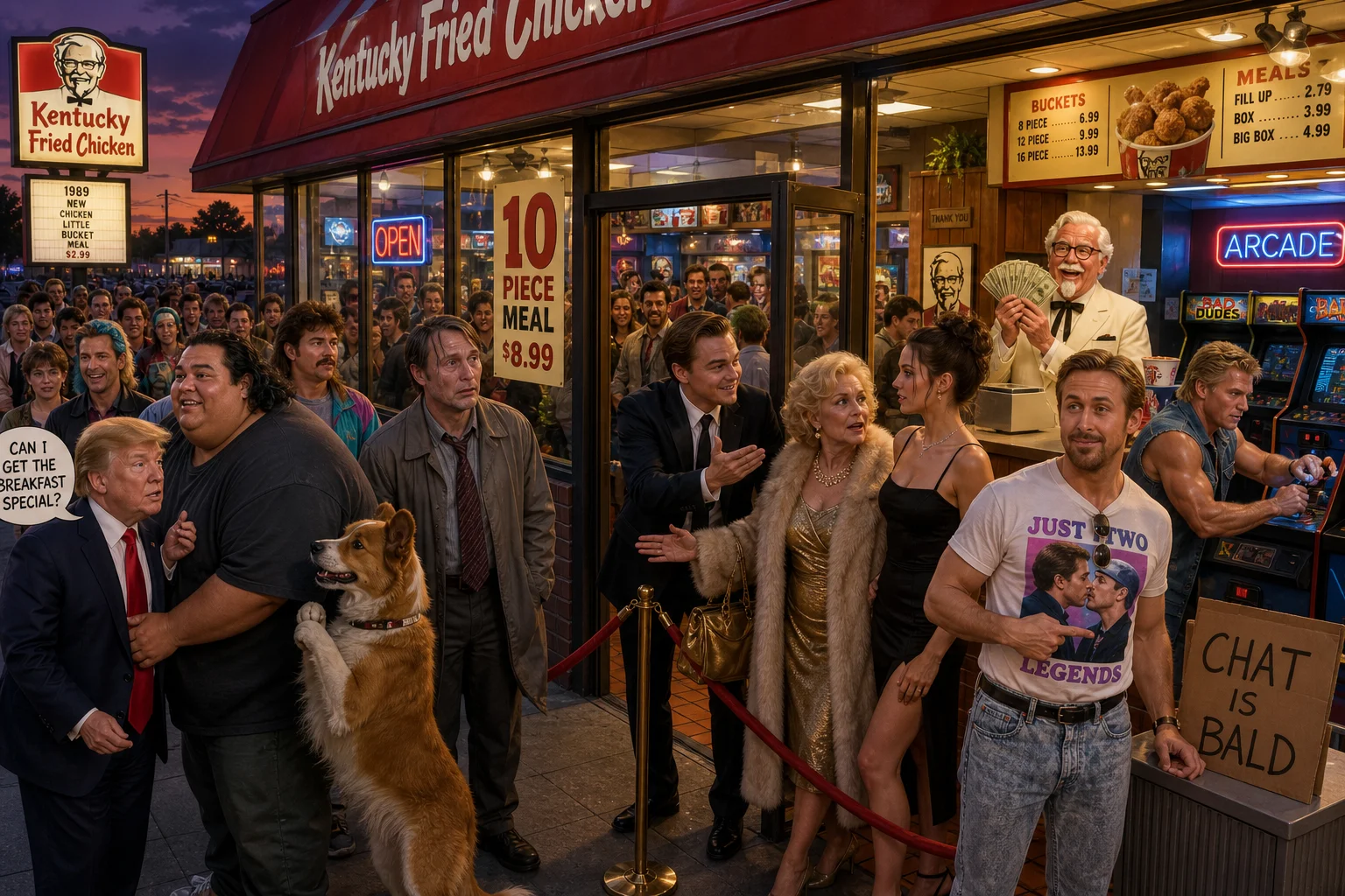 A crowded late-1980s fried-chicken restaurant features eccentric customers lining up, a dog waiting patiently, an arcade player inside, and a mischievous cashier amid colorful retro decor.