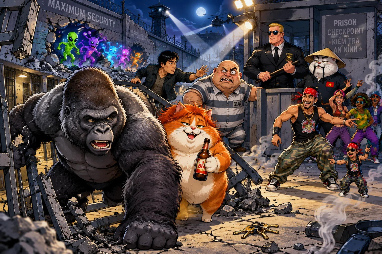 A sweating silverback gorilla and beer-sipping red-haired cat escape a prison amid dancing distractions, guards, a barricading man, and fleeing aliens in a colorful cartoon scene.