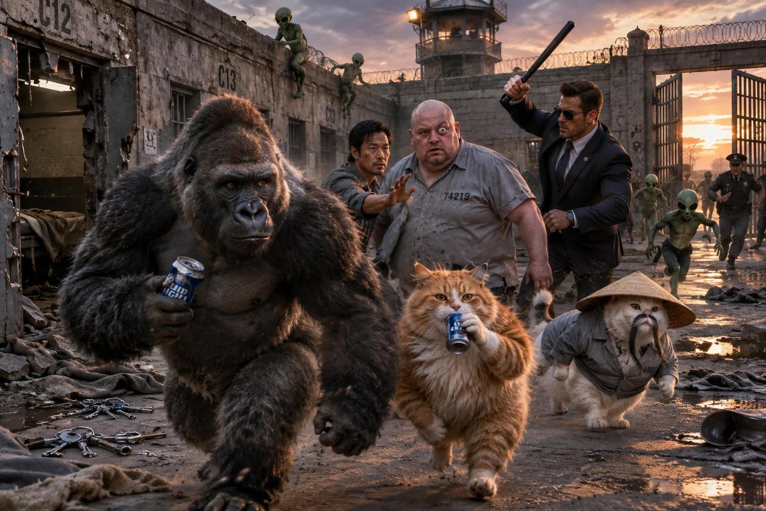 A beer-carrying silverback gorilla and red-haired cat escape a prison as a guard, aliens, an Asian man, and a blocking bald man clash in the courtyard.