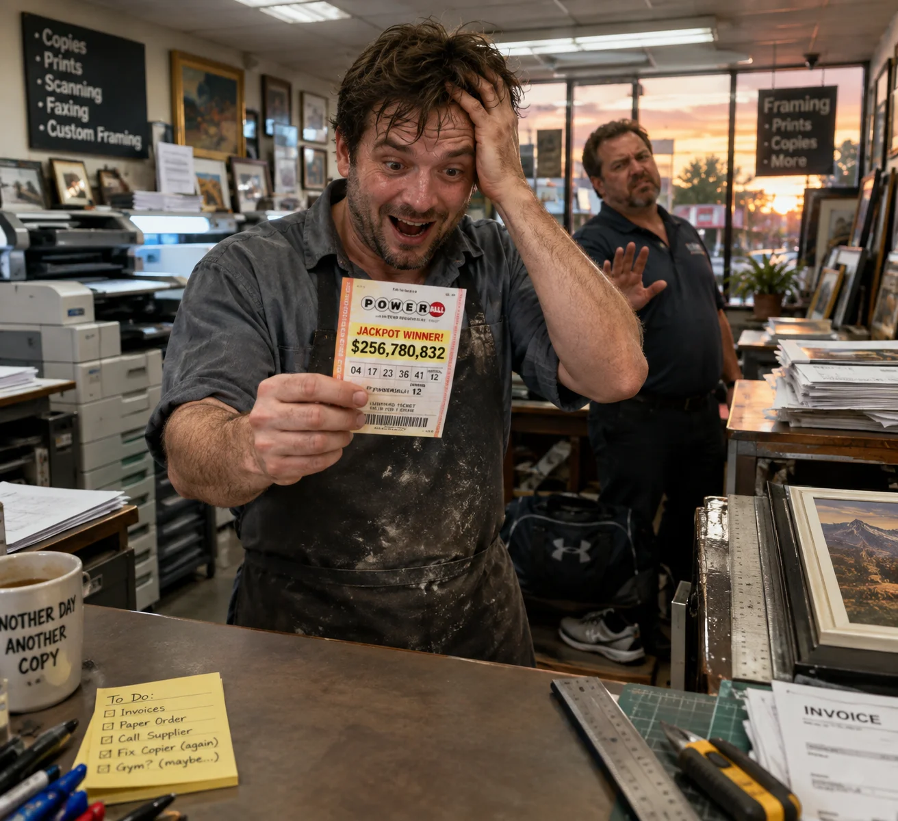 An exhausted copy-shop worker discovers a winning lottery ticket while his boss refuses a raise, surrounded by shop clutter and a neglected gym bag.