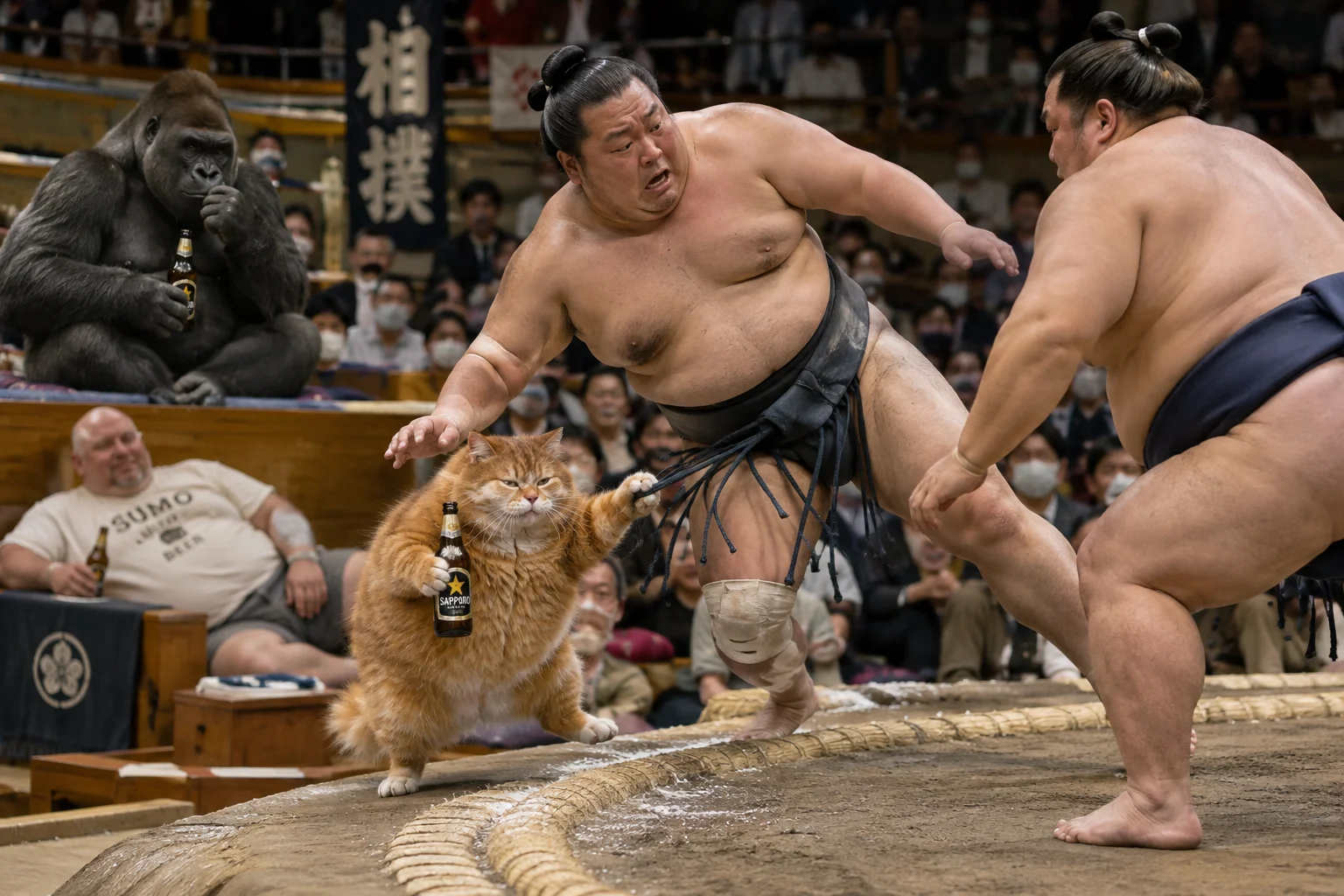 A beer-sipping red-haired cat sabotages a sumo match while a pensive gorilla and lounging bald man watch from the arena.