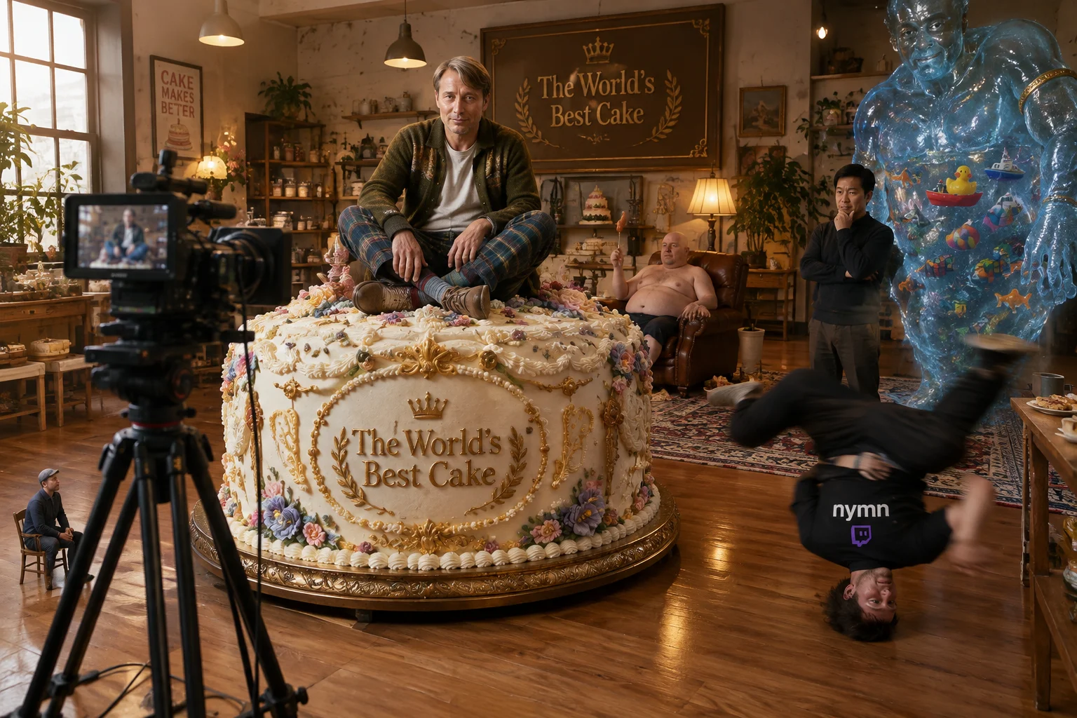 Mads Mikkelsen sits on an extravagant cake as a camera films him, while a breakdancer, lounging hot-dog spinner, pensive observer, tiny watcher, and water genie fill a whimsical cake studio.