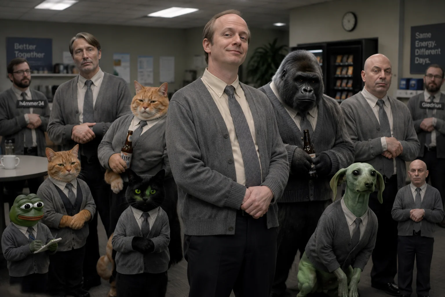Mark Proksch as an energy vampire leads a bizarre office group portrait where cats, a gorilla, an alien dog, and tiny figures all wear identical drab work clothes.