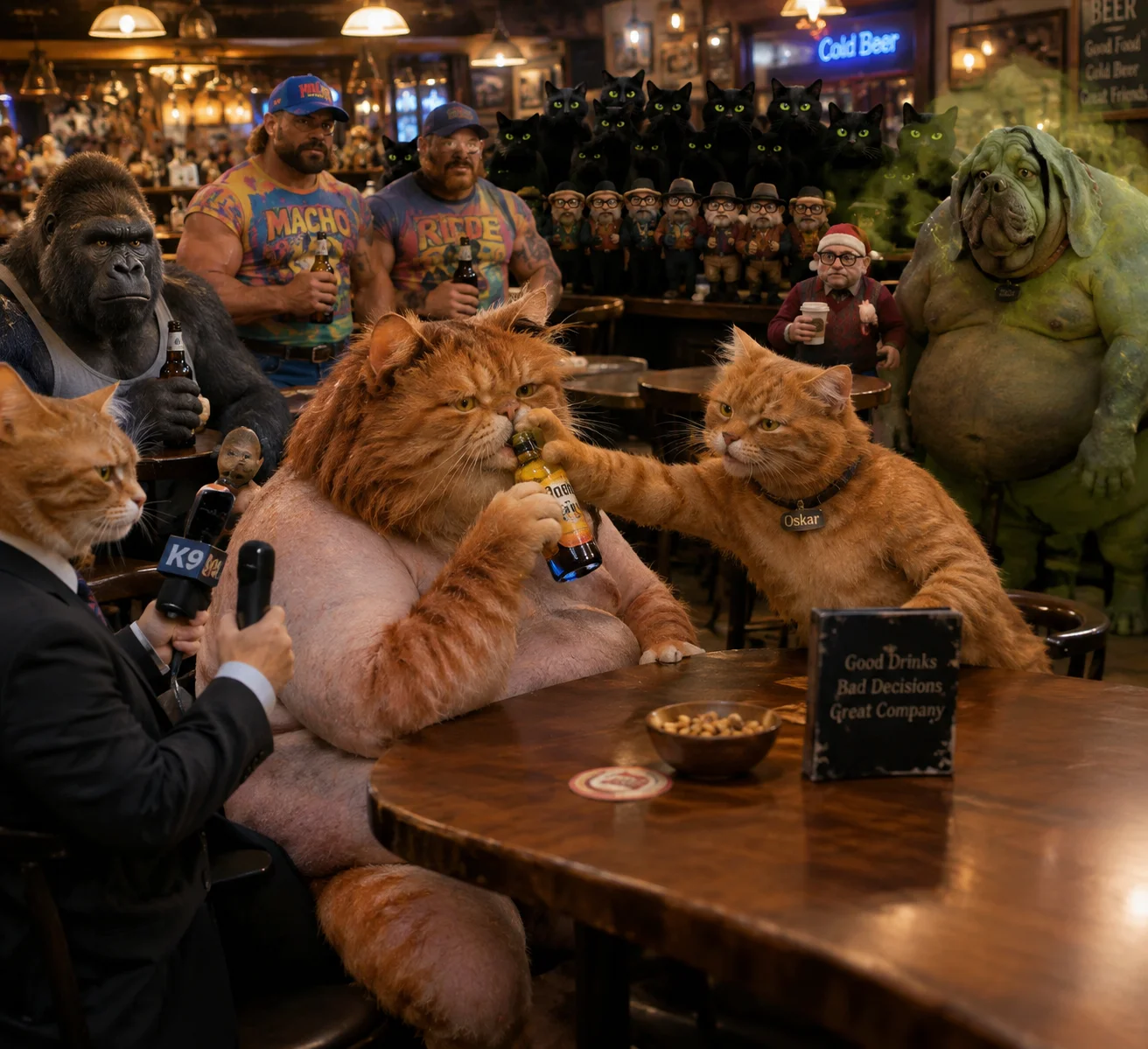 In a crowded bar, a shaved red-haired cat drinks beer while an orange cat steals it, watched by cats, a gorilla, a recording cat, and wary distant patrons.