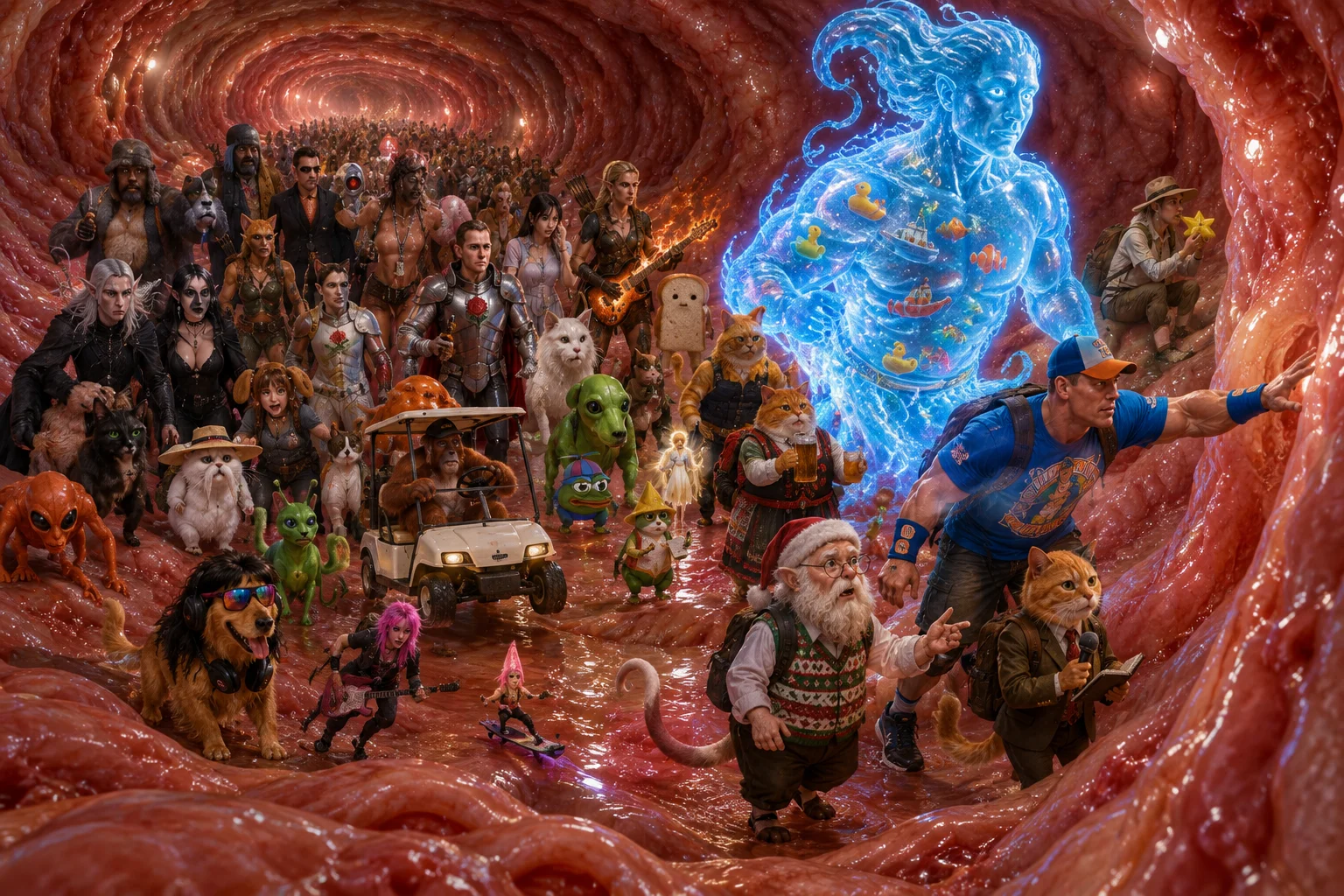 Tiny fantastical travelers navigate a biologically accurate alien intestinal tunnel as a costumed guide leads an escape and an orange cat documents the strange expedition.