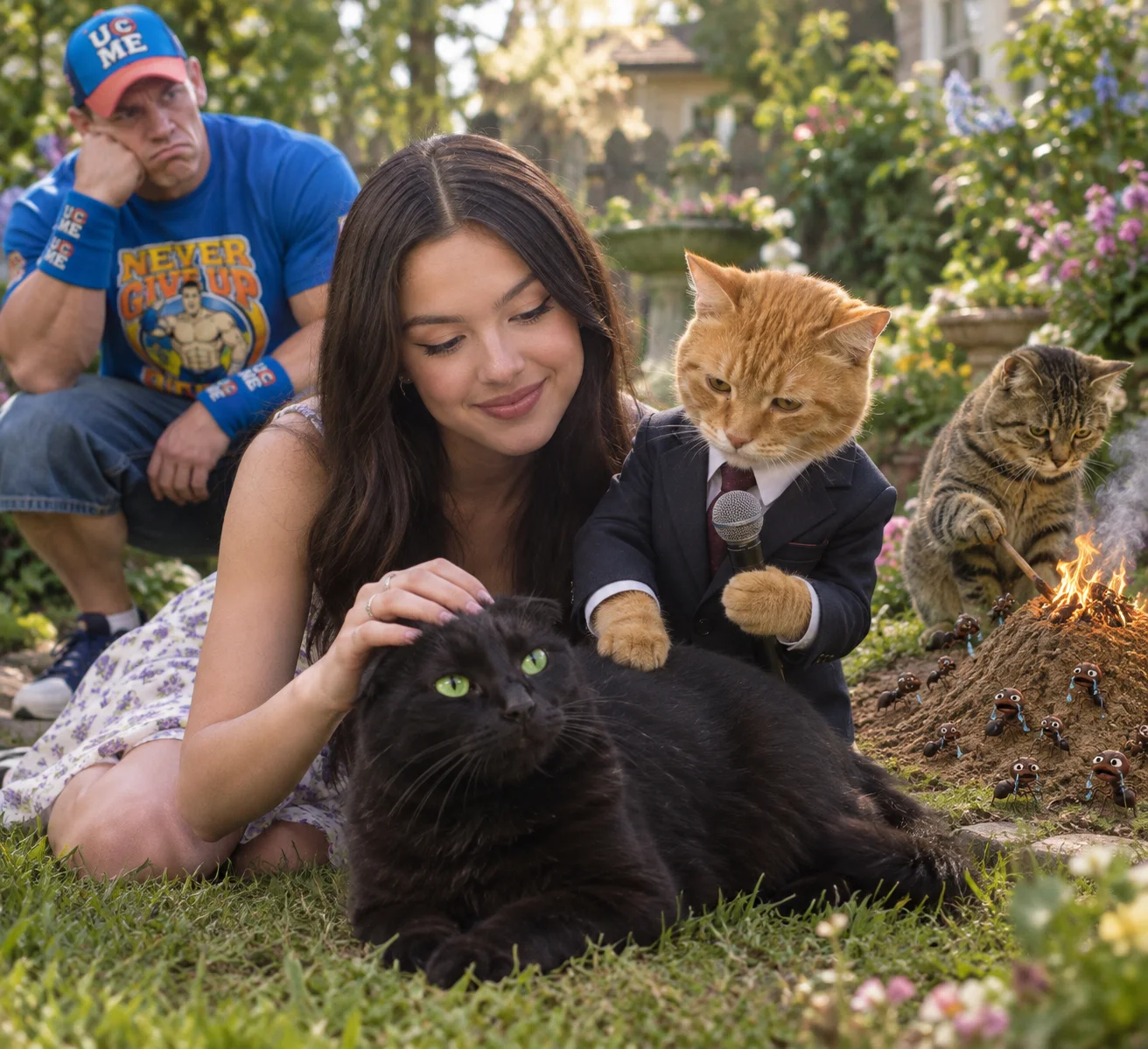A young woman pets a green-eyed black cat while a suited orange cat massages it, an envious wrestler watches, and another cat tends a crying-ant anthill in a sunny garden.
